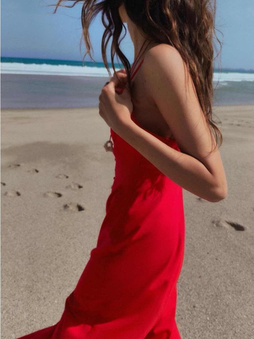 ZARA Red Linen Blend Midi Dress Button Front Slit Strappy Size XS Summer - Picture 15 of 16